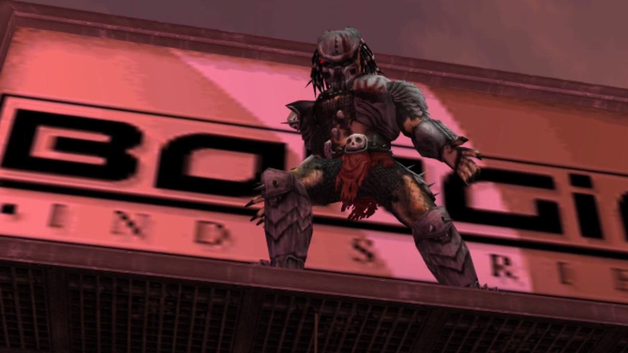 Screenshot από το Predator: σκυρόδεμα ζούγκλα που δείχνει ένα αρπακτικό που στέκεται μπροστά σε μια πινακίδα για τις βιομηχανίες Borgia.