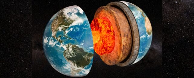 Μια τρισδιάστατη απόδοση της δομής της γης στο διάστημα, που δείχνει εσωτερικά στρώματα και πυρήνα, σε ένα σκοτεινό φόντο.